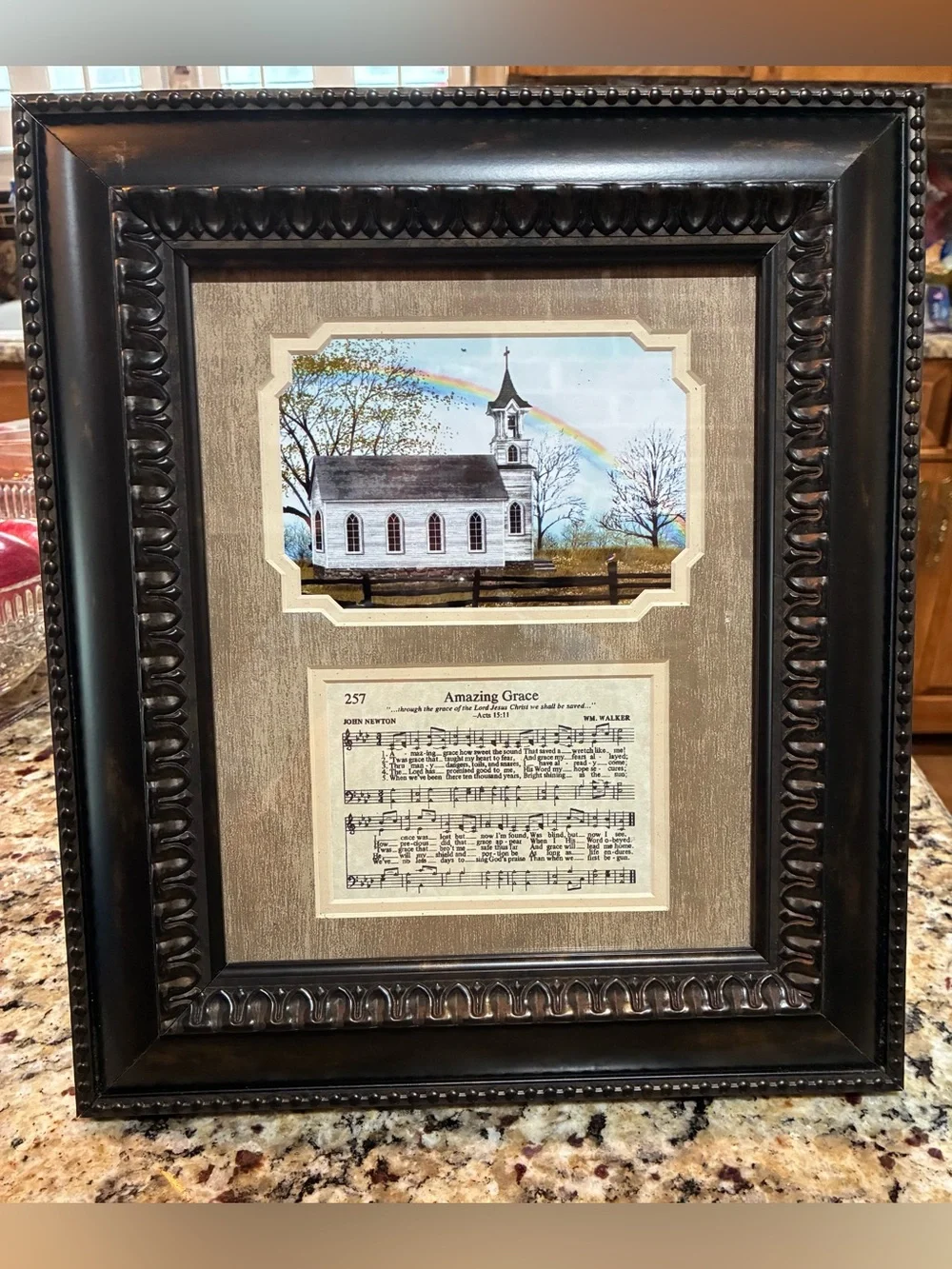 Bronze Color Framed Church Art Print with 'Amazing Grace' Sheet Music